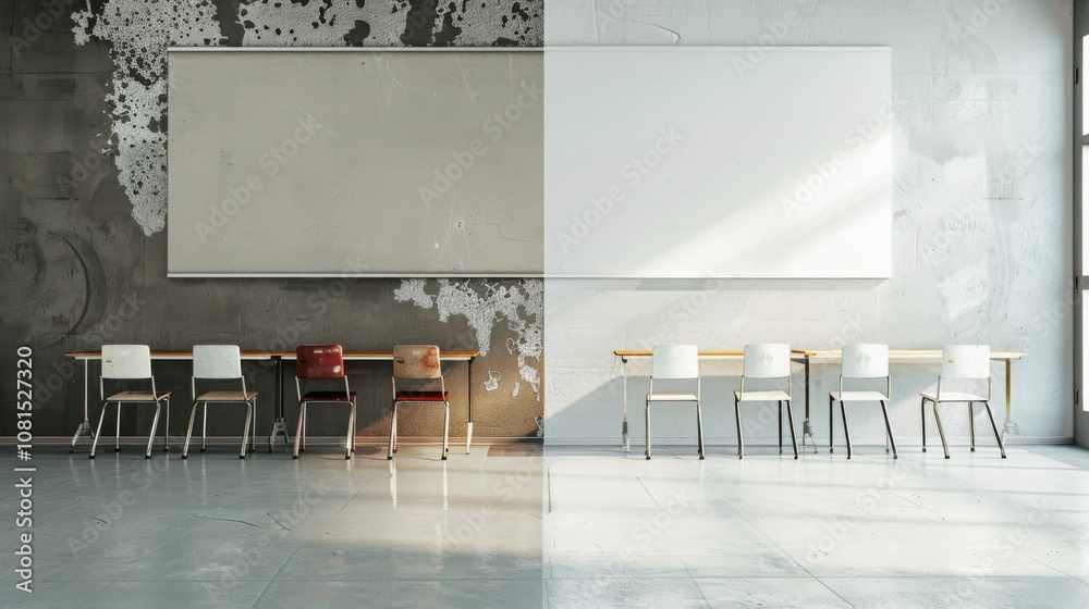 Poster a symbolic representation of educational disparity, showing an empty, dilapidated classroom juxtapos
