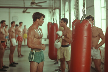 1970s sports. A vintage boxing gym scene with multiple shirtless young men preparing to train with punching bags.