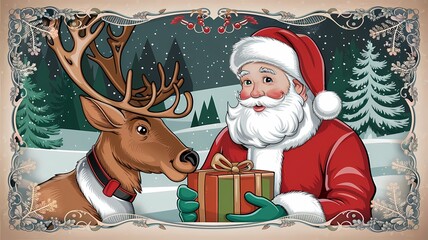 Santa Giving Gift to Reindeer - Heartwarming Christmas Illustration
