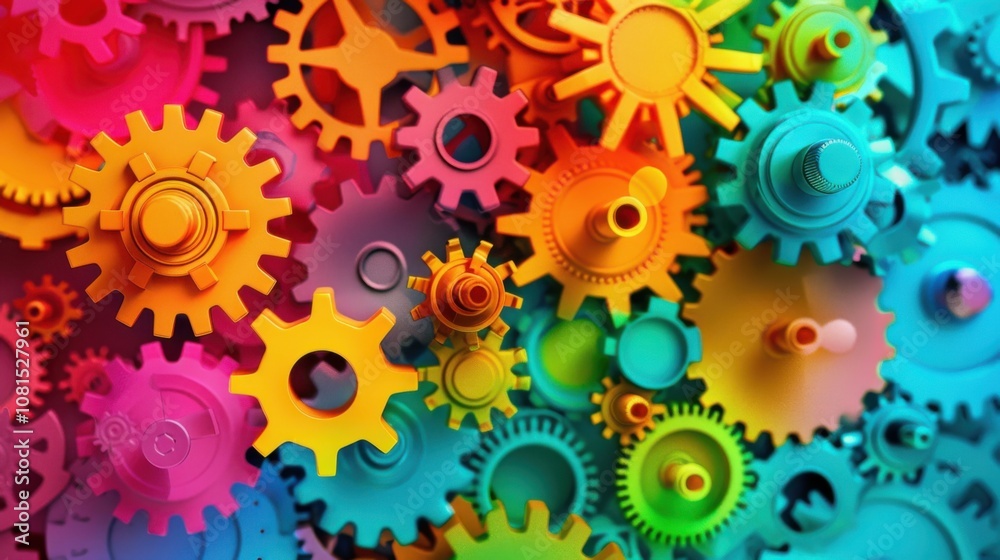 Poster a symphony of interconnected gears in vibrant colors, symbolizing the integration and collaboration 