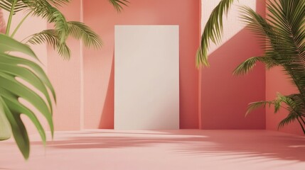 White Panel Against a Pink Wall with Palm Trees