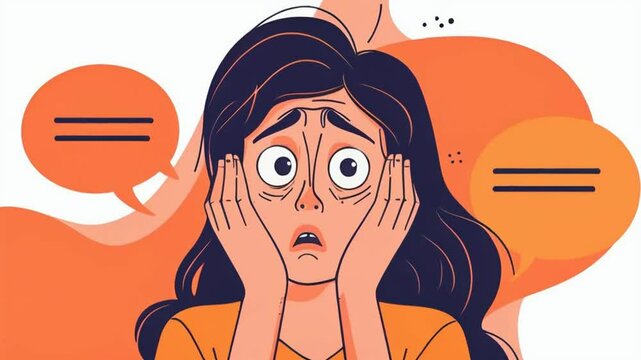 A worried woman with wide eyes and hands on her face, surrounded by speech bubbles.