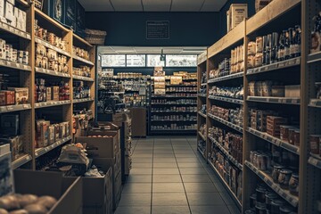 Grocery store aisle with shelves stocked with canned goods.