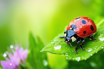 Fototapeta premium Ladybug on a dewy leaf in nature.