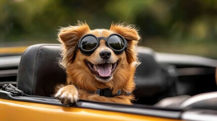 Happy Dog in Sunglasses Rides in Car.