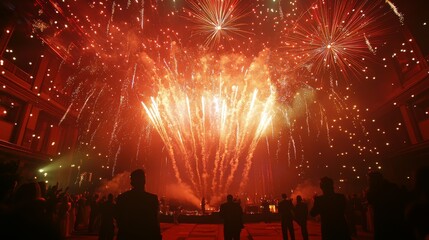 A stunning display of vibrant red fireworks illuminates a crowd beneath, creating a festive and celebratory atmosphere.