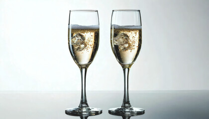 Transparent champagne glass with bubbles on white background