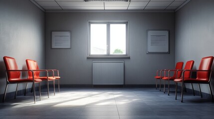 A quiet waiting room featuring orange chairs, large windows, and a minimalist design, bathed in natural light.