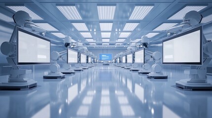 Obraz premium A futuristic lab with robotic arms and monitors in a sleek, high-tech environment.