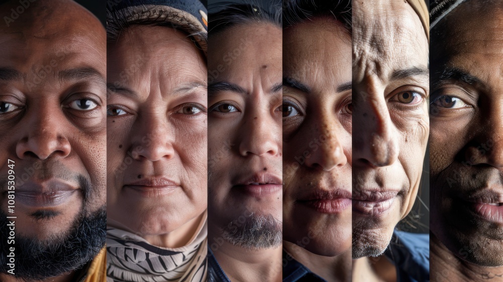 Poster a tableau of faces from diverse backgrounds with expressions of hope and resilience, reflecting the 