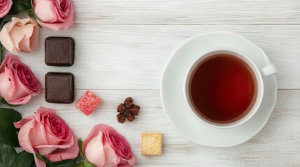 Tea break and relaxing time concept. Afternoon Treats with Tea and Roses