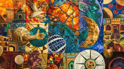 A tapestry of cultural symbols woven into a vibrant mosaic, Reflecting the richness of global heritage and traditions, photography style