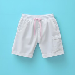 A pair of white swim shorts with a pink drawstring, designed for leisure and beach activities.