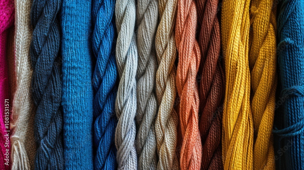 Poster A tapestry of interconnected threads in various textures and colors, symbolizing the interwoven fabric of diverse backgrounds, photography style