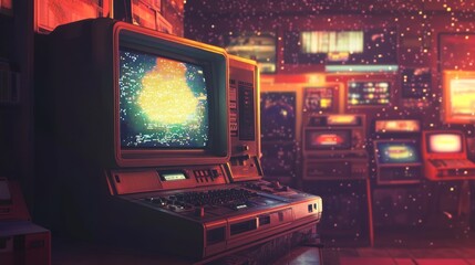 Obraz premium A vintage computer with a glowing screen displays a map in a retro arcade setting.