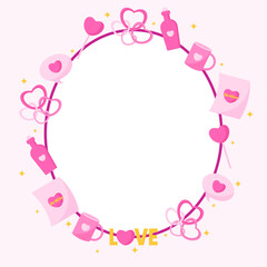 Pink round frame border cute Valentine's day february flat illustration