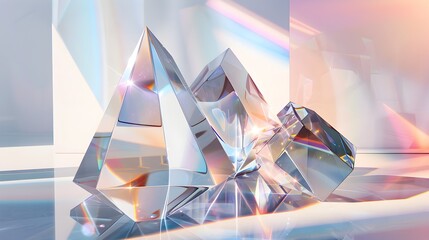 3D Geometric Glass Art Sculptures in a Futuristic High-Tech Studio