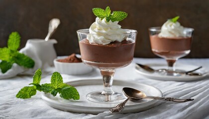 Rich and Creamy French Dessert of Chocolate Mousse Garnished With Whipped Cream and Mint Leaves, Served in Elegant Glassware on a White Tablecloth