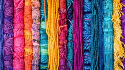 A tapestry of woven threads in vibrant colors, metaphorizing the interweaving of different cultures and traditions, photography style