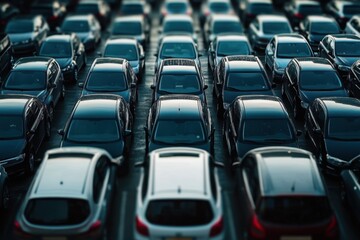 Obraz premium Rows of parked cars in a lot seen from above.