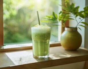 Refreshing Iced Matcha Latte with Coconut Milk, Served in a Sun-Drenched Cafe with a Light and Airy Atmosphere and Minimalist Green Decor