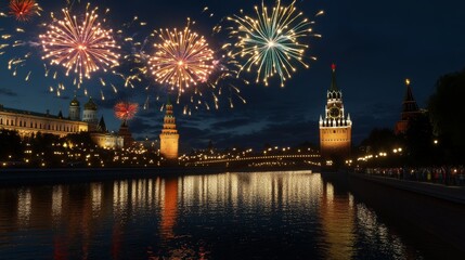 Naklejka premium A stunning night view of a cityscape with fireworks lighting up the sky above historical buildings and a river reflecting the colorful display.