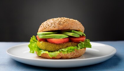 Bold Presentation of a Gluten-Free Vegan Burger on a Clean White Plate with Avocado, Lettuce, and Tomato, Captured in Crisp Detail with a Minimalist Background