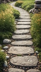Obraz premium Stone Pathway with Visible Pebbles and Grass for a Rustic, Old-World Look