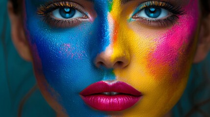 Close-up of woman's face with vibrant artistic face paint