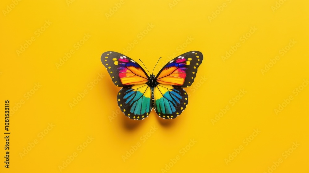 Poster a vibrant butterfly with different colored wings against a plain yellow background symbolizing diver