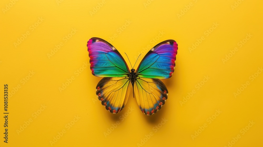 Poster a vibrant butterfly with different colored wings against a plain yellow background symbolizing diver