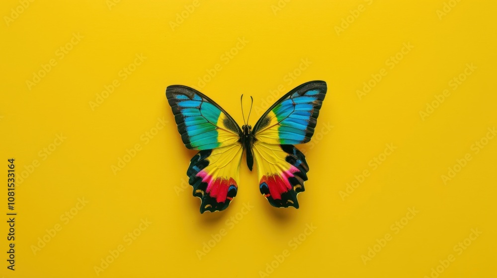 Poster a vibrant butterfly with different colored wings against a plain yellow background symbolizing diver