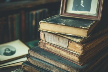 Stack of vintage, leather-bound books with a framed portrait on top.