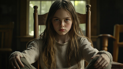 A young girl with long brown hair sits in a rocking chair, staring intently at the camera.