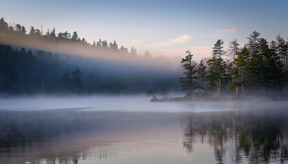 Misty Morning on a Tranquil Lake With Rolling Fog Hovering Over the Water and a Distant Forest Just Visible Through the Hazy Light of Dawn