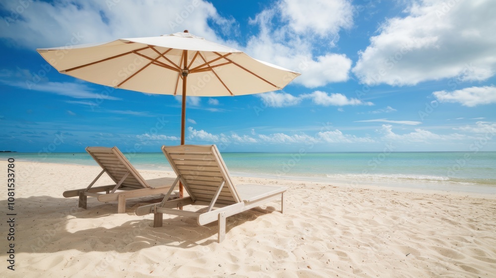 Wall mural beach chairs under an umbrella on a sunny tropical beach with clear blue skies.