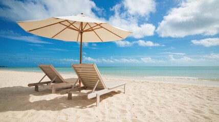 Fototapeta premium Beach chairs under an umbrella on a sunny tropical beach with clear blue skies.