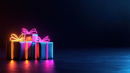 Colorful neon gift boxes on a dark background, perfect for celebrations and events.