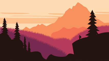 Hiker Silhouette on the Top of Cliff with Mountain Landscape and Pine Tree in the Forest at Sunset