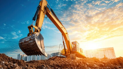 Excavator machinery working at construction site, sunset sky background.
