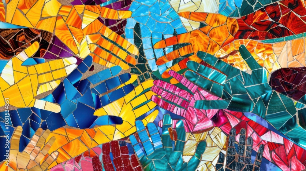 Poster a vibrant mosaic of diverse hands interlocked in unity, symbolizing strength through diversity in a 