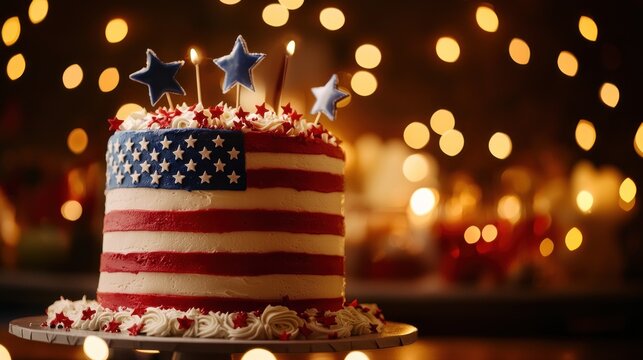 Patriotic cake adorned with stars and candles, set against a festive background.
