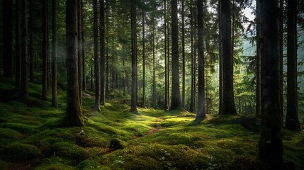 Obraz premium Sunbeams in the Dark Forest, Mystical Pathway through Dense Woods with Lush Green Moss
