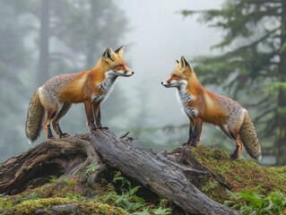 Two foxes on a log in a misty forest, surrounded by lush greenery.