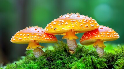 Fototapeta premium Vibrant orange mushrooms with white spots on lush green moss.