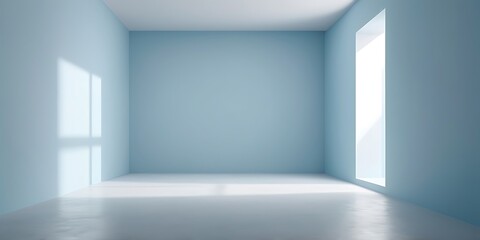 Minimalist modern interior with light blue walls, natural light, and clean lines