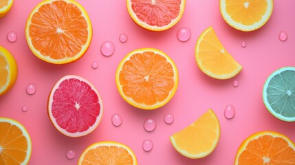 Obraz premium Citrus fruit slices with water droplets on pink background