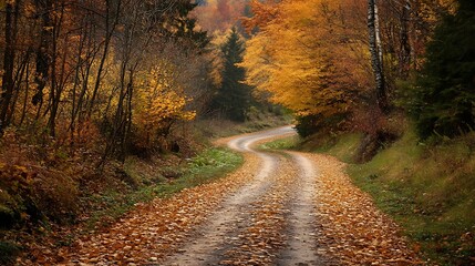 Winding Road Through Autumn Forest with Golden Leaves