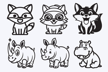 Creative 6 cute animal line art design vector silhouette with a white background
