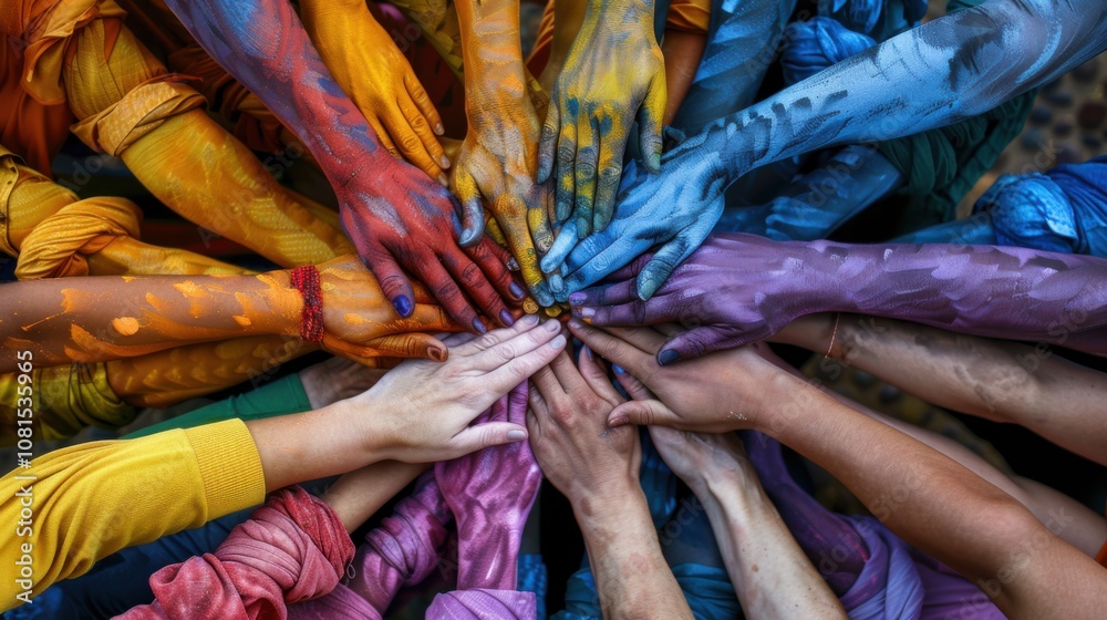 Poster A vibrant swirl of diverse hands intertwined, Symbolizing unity and inclusion in a colorful tapestry, photography style